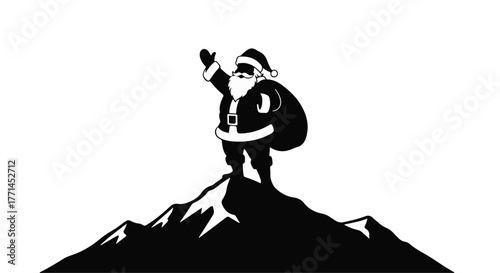 Joyful Santa Claus stands atop a snowy mountain peak, waving happily with a sack of gifts.
