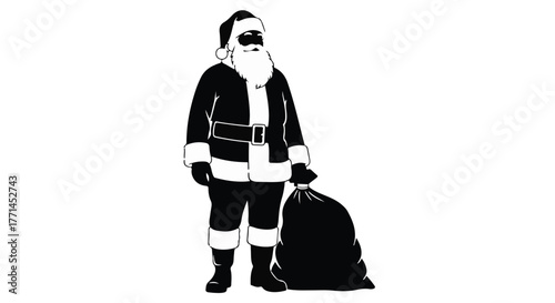 Cheerful Santa Claus carrying a large sack of gifts, ready for Christmas