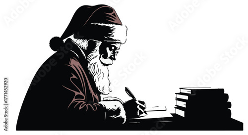 Thoughtful Santa Claus writing a letter with a stack of books nearby