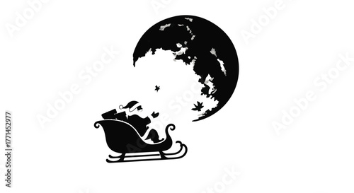 Magical Santa sleigh silhouette flying against a dark moonlit sky