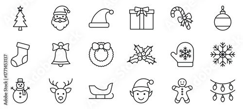 christmas outline icon set with santa gift snowflake ornament lights tree and holiday symbol pack