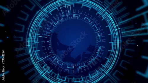 Futuristic Digital Interface with Circular Blue Patterns and Global Imagery