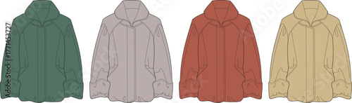 Stylized vector collection of casual hooded jackets in an array of earthy and warm tones, ideal for active lifestyles and relaxed attire