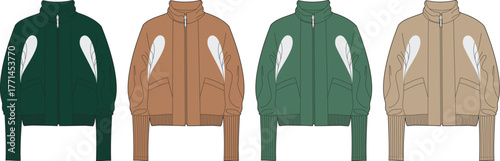 Modern men's bomber jacket collection showcasing versatile casual outerwear in multiple appealing color variations with distinctive side panel design, ideal for everyday style and active pursuits