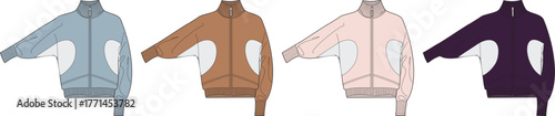 Collection of four fashionable athletic track jackets in different pastel and deep jewel tones