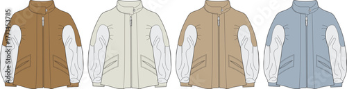 Four different color variations of a bomber jacket presented side-by-side, showcasing style and design details