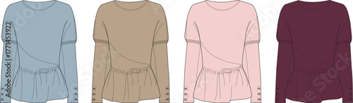 Collection of women's comfortable long-sleeve peplum tops in a stylish array of colors, featuring gathered waistlines and elegant buttoned cuffs, perfect for versatile everyday fashion