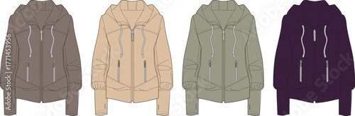 Collection of women's long sleeve hooded jacket technical fashion flats with zipper closure and color options for apparel design