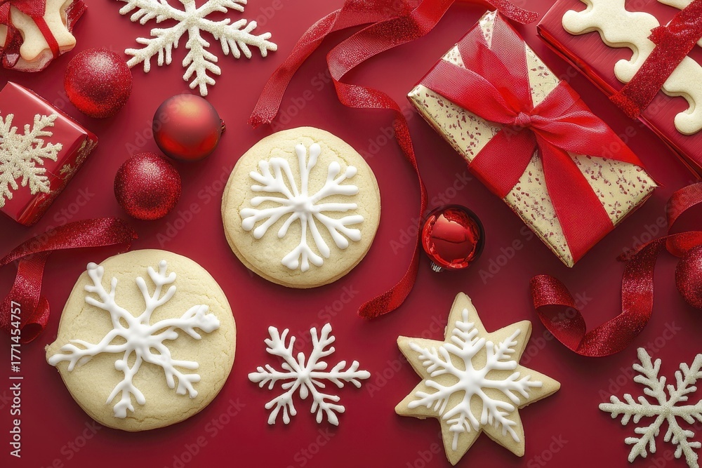 Obraz premium Festive holiday cookies and decorations on red background with snowflake design