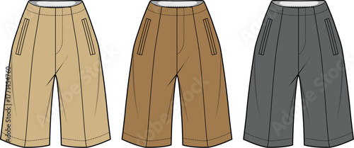 Stylish vector set featuring three women's wide-leg culottes in neutral tones of beige, brown, and dark grey, perfect for fashion design and apparel mockups