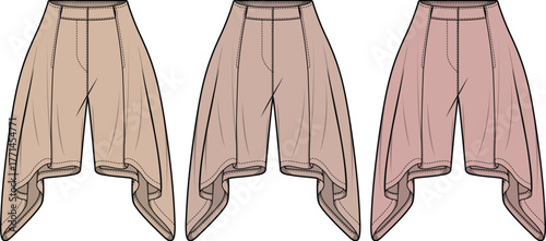 Vector flat sketch of women's wide-leg draped pants with an asymmetrical hem in soft, neutral colors. Stylish trio for modern fashion design and apparel concepts