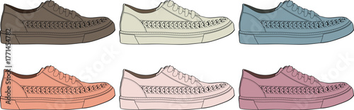 A collection of stylish casual sneakers in a variety of pastel and earthy tones, perfect for fashion, footwear, and apparel design projects, showcasing versatile shoe options for everyday wear