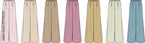 Seven distinct illustrations of stylish wide-leg women's pants, each rendered in a different soft pastel shade, ideal for fashion design, textile catalogs, and garment display purposes