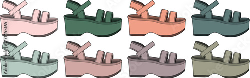 Vector set of fashionable women's open-toe platform sandals in a palette of different colors, representing a trendy summer footwear collection