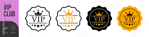 Vip club label, badge or tag. Vip club icons with crown and stars. Round label with three vip level in gold, silver and bronze color. Premium membership icon. Modern vector illustration