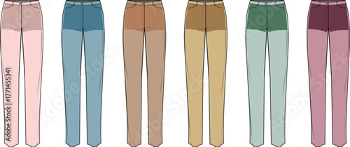 Collection of six pairs of women's casual trousers in a range of pastel and earthy tones, showcasing versatile fashion options for everyday wear and diverse styling