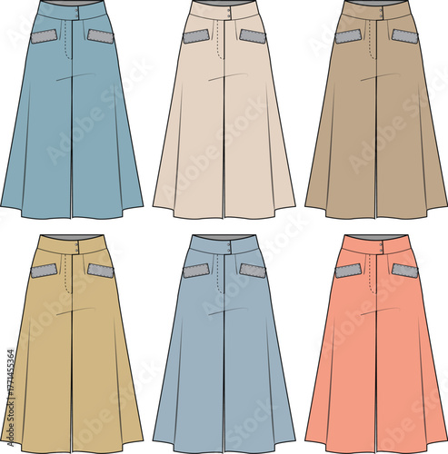 Collection of Women's Skirt Designs in Various Colors for Fashion and Clothing Concepts