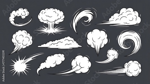 Various white cartoon smoke and explosion illustrations on a dark background clouds comic