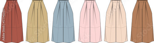 Collection of long pleated skirts in various colors for fashion design and apparel