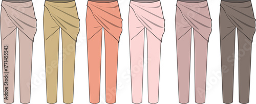 Set of women's draped wrap trousers fashion flat technical drawing. Vector illustration of a clothing collection in a muted color palette for apparel design and manufacturing