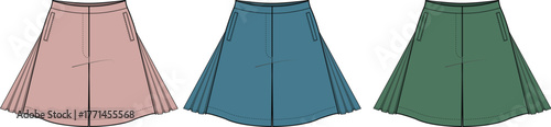 Three vector illustrations of elegant A-line midi skirts in soft pink, blue, and green, ideal for women's fashion apparel design, clothing collections, catalogs, or digital project elements