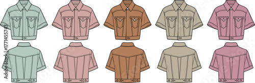 Assortment of vector flat illustrations depicting short-sleeved collared shirts from front and back, presented in a palette of contemporary colors for clothing design concepts