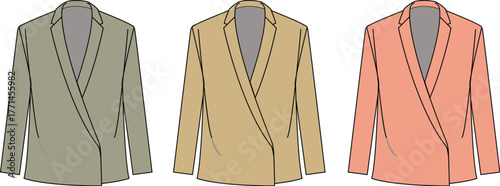 Stylish women's tailored blazers in a set of three different colors, showcasing a chic wrap-front design and elegant professional fashion illustration