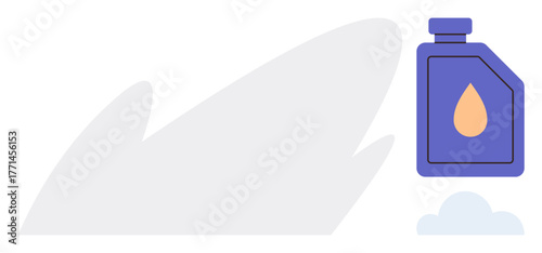 Blue container with orange droplet symbol beside abstract shadow and small cloud. Ideal for energy, petroleum, lubrication, automotive, liquid storage, industrial, and conservation themes. Simple
