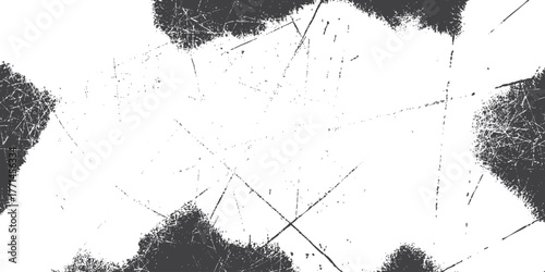 White grunge scratched texture background. Distressed rough surface with dark edge spots and linear scratch details. Minimal abstract vintage design.