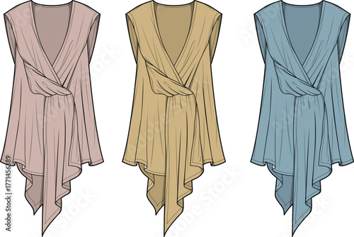 A set of women's sleeveless draped V-neck tops with an elegant asymmetrical hem, presented as a fashion flat technical drawing