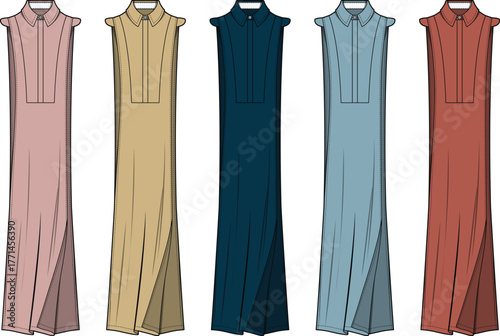 Set of five elegant sleeveless maxi dresses illustrated in varied colors, featuring classic collared necklines and buttoned plackets, perfect for fashion design inspiration