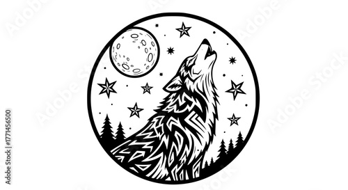 Vector of a wolf howling at the moon, circular composition, tattoo style