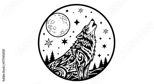 Vector of a wolf howling at the moon, circular composition, tattoo style
