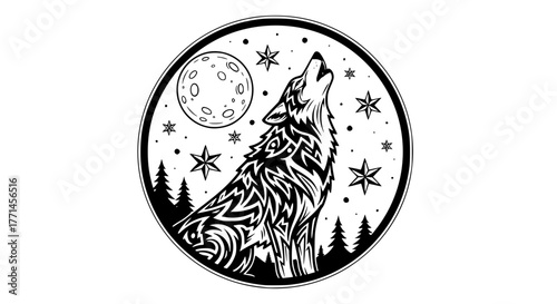 Vector of a wolf howling at the moon, circular composition, tattoo style