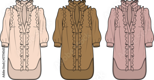 Elegant women's long-sleeve blouse or tunic dress vector illustration with detailed ruffles on collar and placket, presented in multiple colorways for versatile fashion design concepts