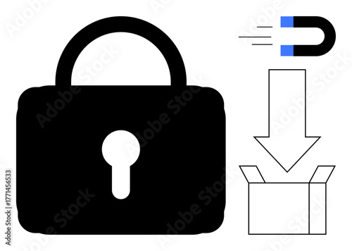 Padlock symbol with keyhole, magnet pulling an arrow into a box. Ideal for security, encryption, storage, cybersecurity, data transfer, magnetic pull problem-solving. Simple flat metaphor