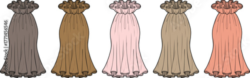 A set of beautiful long maxi dresses with ruffled necklines and hems, presented in a diverse palette of neutral and pastel colors, perfect for fashion design concepts