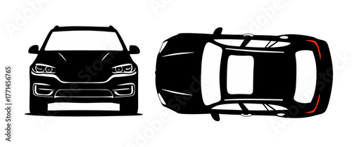 car front view and top view vector silhouette icon sets 