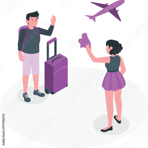 Couple waving goodbye with luggage and airplane in the sky travel vacation