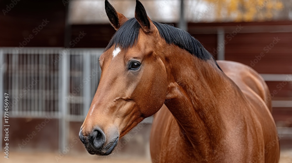Fototapeta premium beautiful brown horse with a shiny coat poses in a barn. warm light of late afternoon highlights its features and elegant stance, creating a calm atmosphere