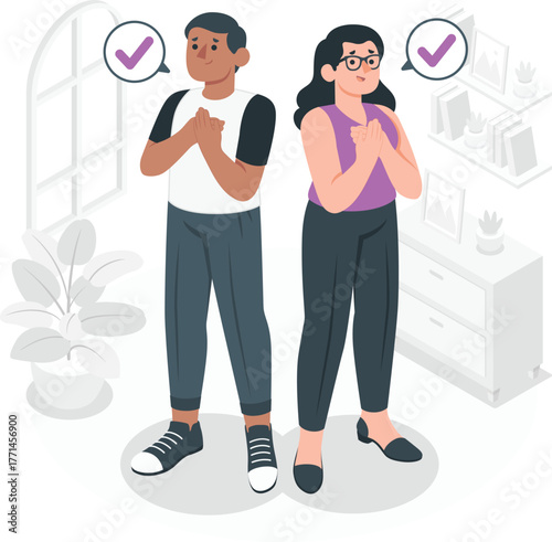 Couple with folded hands and checkmarks above heads woman praying