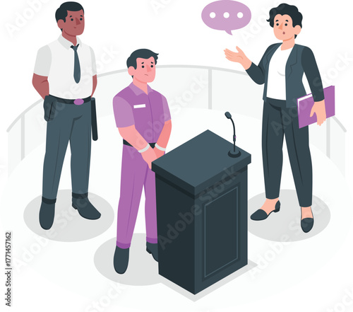 Courtroom scene with defendant lawyer and guard legal justice