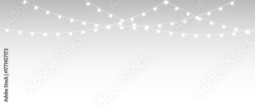 png christmas light garland with golden bulbs, glowing fairy lights, and ribbons, horizontal vector design for birthday, holiday party, festive card, or new year background