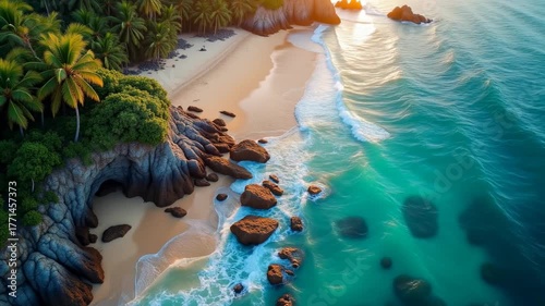 Beautiful sunset view over a tropical beach with clear waters and lush greenery in a serene setting