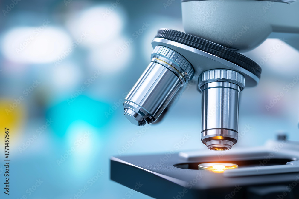 Obraz premium Optical microscope in laboratory with defocused background, faceless research equipment, medical technology visualization, blurred lab setting, scientific instrument detail, educat