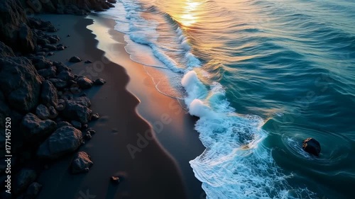 Beautiful sunset over ocean waves at a quiet beach with rocky shoreline
