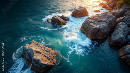 Ocean waves crashing against rocky shore at sunset in a peaceful coastal landscape