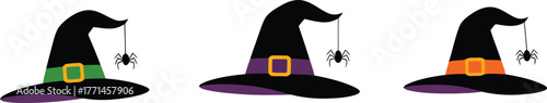 Three halloween witch hats with spiders and colorful bands