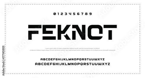 Technology font, digital cyber alphabet made sport style, letters A, B, C, D, E, F, G, H, I, J, K, L, M, N, O, P, Q, R, S, T, U, V, W, X, Y, Z and numerals 0, 1, 2, 3, 4, 5, 6, 7, 8, 9.