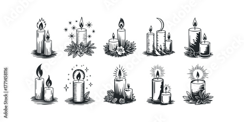 Group of ten stylized black and white candle illustrations with various decorative elements